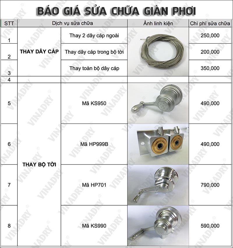 Bảng giá sửa chữa giàn phơi tại Giàn phơi Gia Lâm